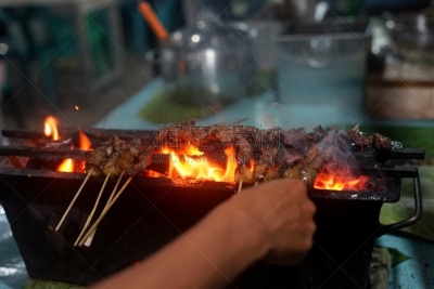 格子烤肉,沙嗲,肉,煤,食品,超级市场,街道,小贩,水平画幅,夜晚