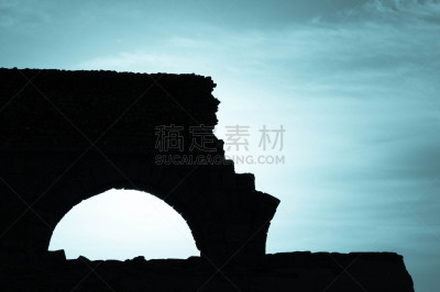 沟渠,桥,该撒利亚,新约,水平画幅,无人,蓝色,拆毁的,考古学,黎明