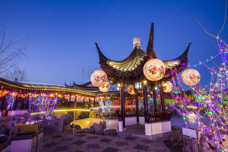 夜晚,建筑,传统,亭台楼阁,江南,水,古老的,东亚,灯,湖