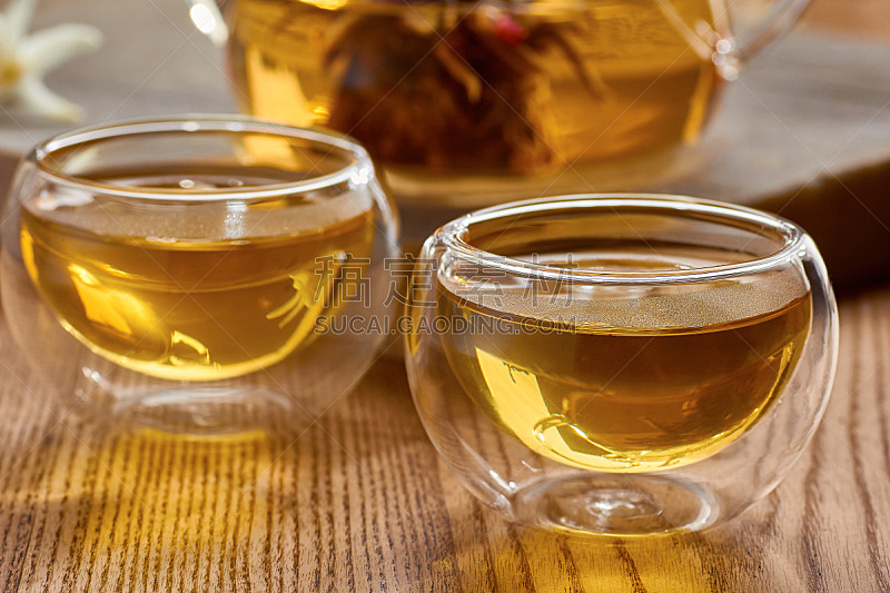 玻璃,杯,茶壶,两个物体,绿茶,茶树,芳香的,水平画幅,无人,生食