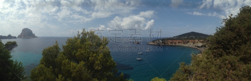 西班牙威德拉,全景,巴利阿里群岛,伊比沙岛,海岸线,背景,2015年,水湾,夏天,户外