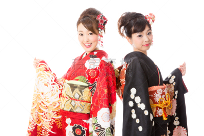 长袖和服,注视镜头,白色背景,衣服,女人,水平画幅,传统,仅成年人,日本人,青年人
