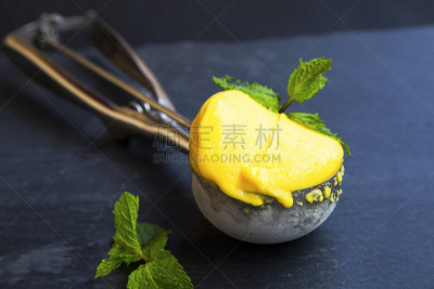 芒果冰糕,特写,甜点心,华丽的,一把,薄荷,果汁冰糕,意大利冰淇淋,菠萝,香草兰