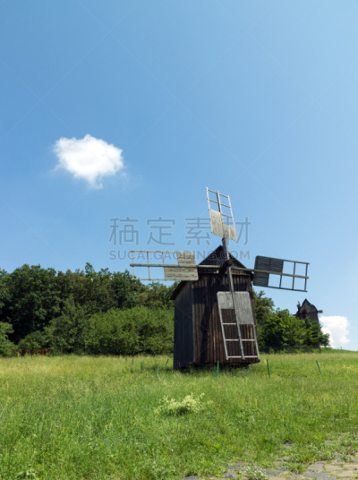 古典式,木制,风车,垂直画幅,涡轮,夏天,户外,乡村风格,草,过去
