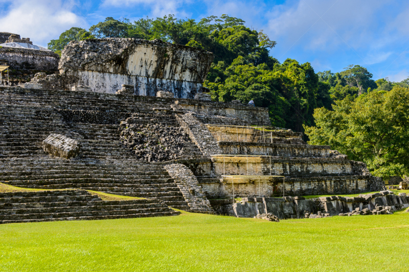 Architecture of Palenque, was a pre-Columbian Maya civilization of Mesoamerica. Known as Lakamha (Big Water). UNESCO World Heritage