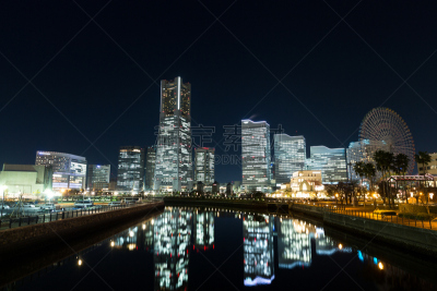 横滨,城市,夜晚,横滨地标大厦,摩天轮,水,水平画幅,无人,户外,滨水