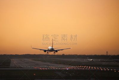 飞机,机场,天空,平衡折角灯,水平画幅,商务旅行,黄昏,交通方式,着陆,运输