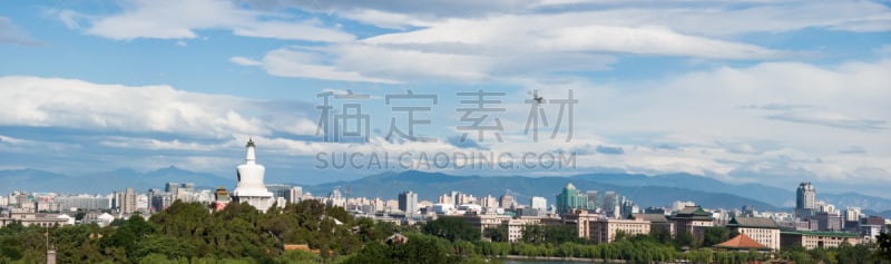 航拍视角,北京,中心,白塔寺,北海公园,天空,公园,水平画幅,无人,东亚