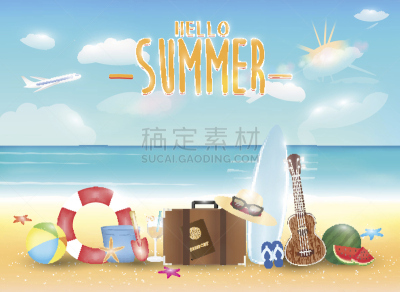 夏天,海洋,海滩,人造物,明亮,尤克里里琴,沙滩包,西瓜,凉鞋,沙滩派对