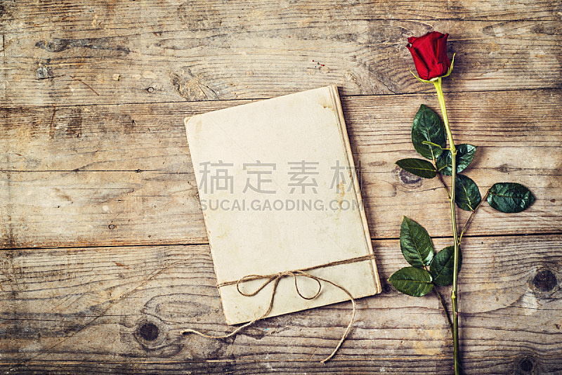 单茎玫瑰,概念和主题,桌子,水平画幅,木制,符号,浪漫,玫瑰,日记