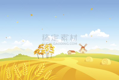 田地,风车,秋天,绘画插图,天空,干草,水平画幅,谷仓,干草卷,计算机制图