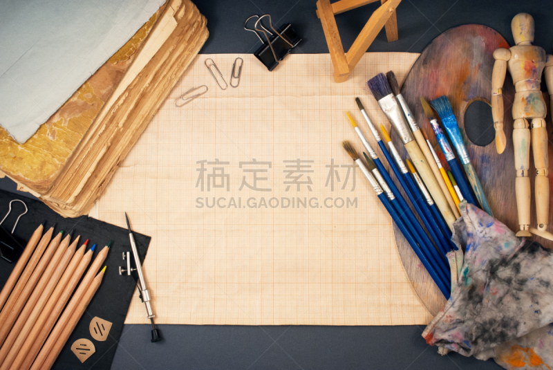 办公室,灵性,艺术,留白,调色板,边框,水平画幅,无人,画笔