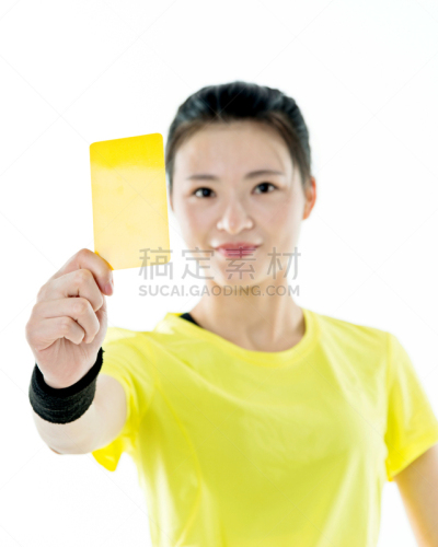 黄牌,青年人,女人,拿着,裁判,警告标志,垂直画幅,正面视角,留白,仅成年人