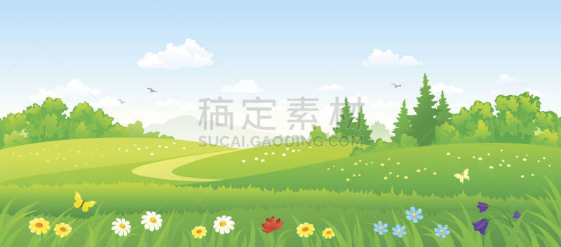 森林,田地,绘画插图,天空,公园,水平画幅,山,无人,草坪,夏天