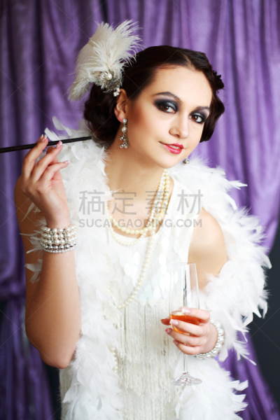 女人,挡板的风格,垂直画幅,美,彩妆,美人,1930年-1939年,古典式,羽毛围巾,白人