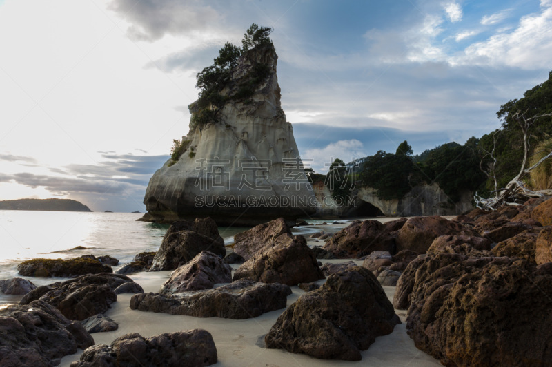 新西兰,cathedral cove,水,天空,水平画幅,沙子,泥土,旅行者,夏天,户外