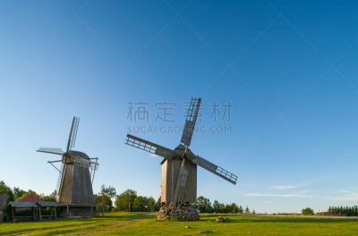 古老的,磨坊,天空,萨列马岛,风,望远镜,水平画幅,无人,涡轮,夏天