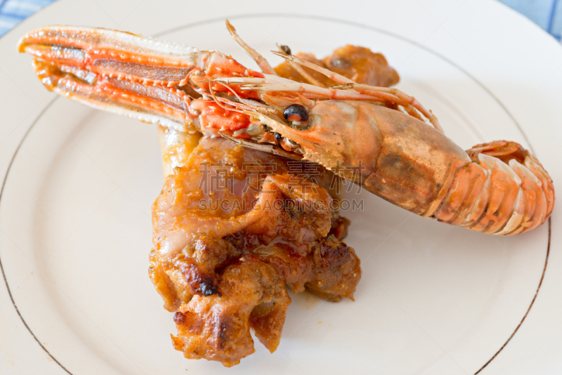 猪蹄,水平画幅,生食,膳食,动物身体部位,明虾,螯虾,肉,猪