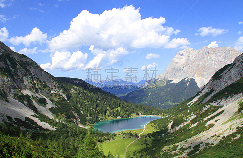 湖,阿尔卑斯山脉,自然,天空,水平画幅,绿色,无人,蓝色,户外,草