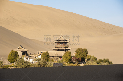 沙丘,亭台楼阁,沙子,敦煌,无人,户外,干的,过去,甘肃省,植物