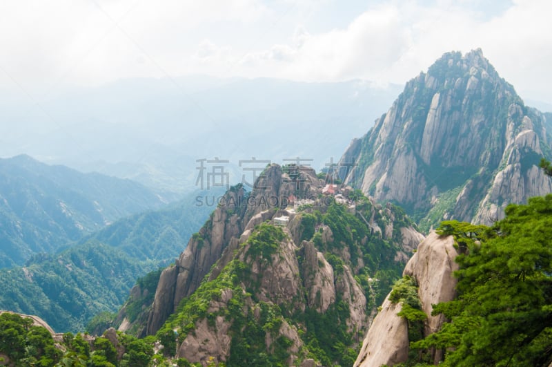 黄山山脉,中国,自然,松树,水平画幅,山,无人,户外,中长距离,松科