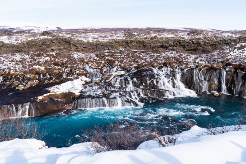 hraunfossar,瀑布,寒冷,长的,环境,雪,植物,河流,岩石,户外