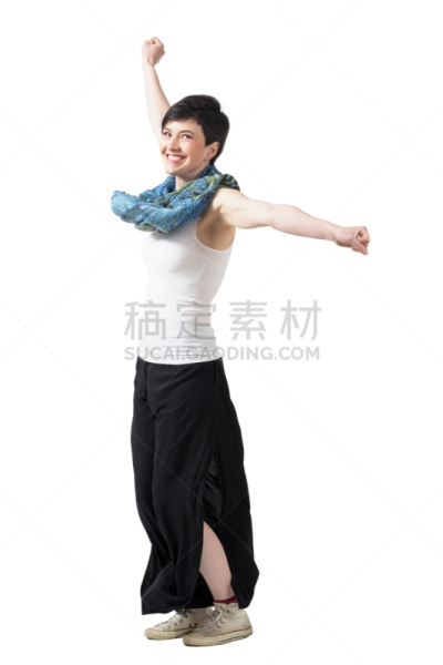 女人,快乐,裤子,宽的,手臂,衣服,宽腿裤,领巾,超大号,披肩