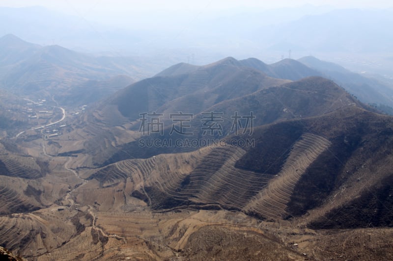 山,梯田,s形,中国华北部,褐色,新的,水平画幅,泥土,户外,田地