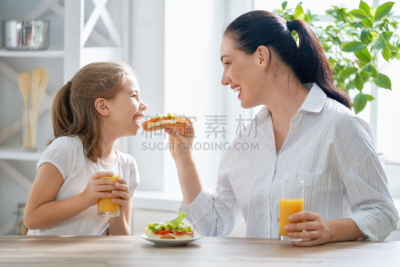 家庭,幸福,早餐,果汁,小的,儿童,三明治,童年,水果,厨房