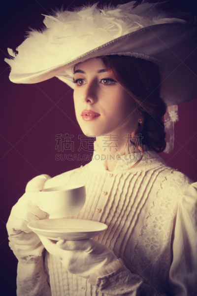 红发人,女人,茶杯,自然美,爱德华七世时代风格,社交名媛,晚礼服,垂直画幅,美,美人
