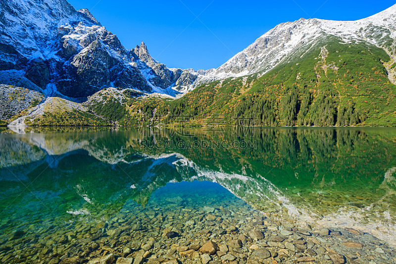 Morskie Oko lake in autumn colours with fresh snow covered peaks, High Tatra Mountains, Poland