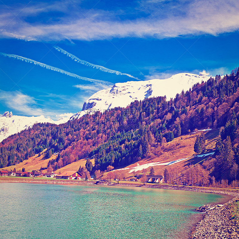 湖,山,河堤,农舍,瑞士阿尔卑斯山,水,天空,度假胜地,雪,无人