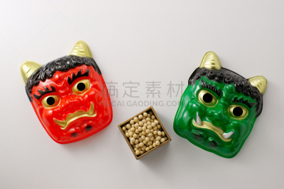 日本,面具,节分,大豆,留白,水平画幅,绿色,无人,白色背景,红色