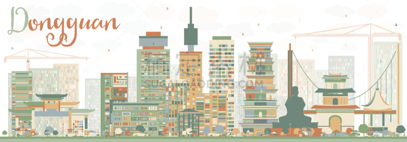 东莞,城市天际线,抽象,建筑外部,彩色图片,天空,水平画幅,绘画插图,鸟类,都市风景