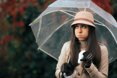 雨,伞,秋天,痛苦,拿着,女人,过敏反应,外套,仅成年人