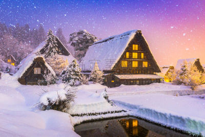 日本,冬天,乡村,白川乡,岐阜县,茅屋屋顶,城镇景观,本州岛中部地区,小屋,水平画幅