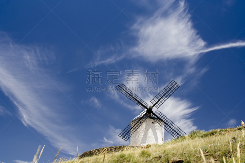 风车,西班牙,天空,风,水平画幅,山,风车镇,无人,古老的,古典式