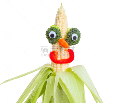 胡萝卜,人的脸部,玉米,幽默,西兰花,分离着色,椒类食物,白色,迷你型玉米,水平画幅