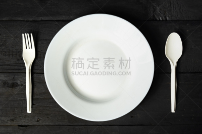 空的,木制,白色,碗,汤匙,桌子,特写,黑色背景,视角,叉