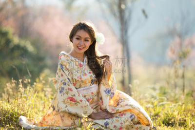 传统,泰国,和服,伞,红色,女人,衣服,家庭花园,樱之花