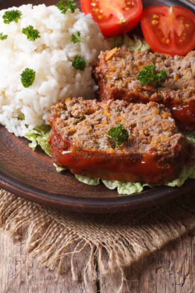 垂直画幅,meat loaf,特写,蔬菜,稻,盘子,配方,研磨食品,西红柿,白色