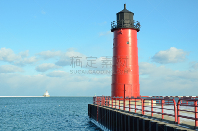 北皮尔哈德灯塔,密尔沃基市,水,天空,留白,密尔沃基-美国,水平画幅,无人,古老的,户外
