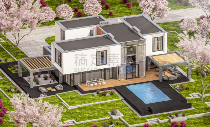 现代,春天,房屋,园林,三维图形,草坪,玫瑰,华贵,建筑物门,建筑业