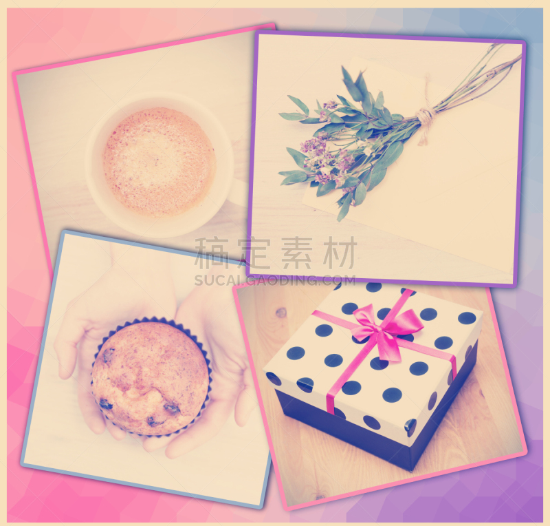 蛋糕,咖啡,花束,浪漫,包装纸,抽象拼贴画,合成图像,美,褐色,艺术