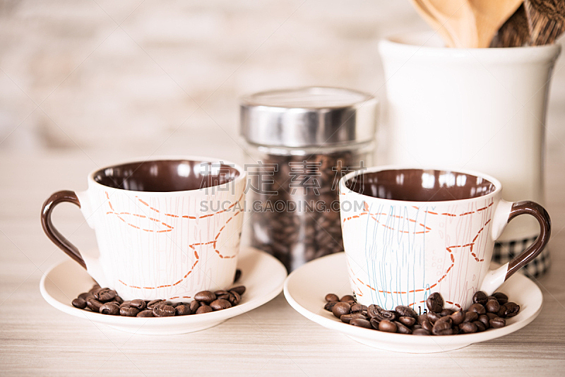 杯,背景,咖啡,两个物体,烤咖啡豆,褐色,水平画幅,无人,早晨,乡村风格