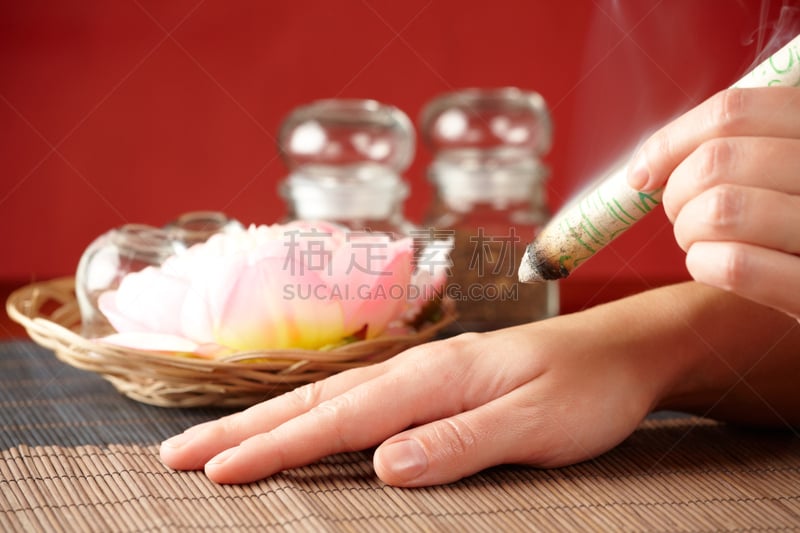 艾灸,专业人员,棍,中医,针灸,留白,水平画幅,玻璃,特写,仅一朵花