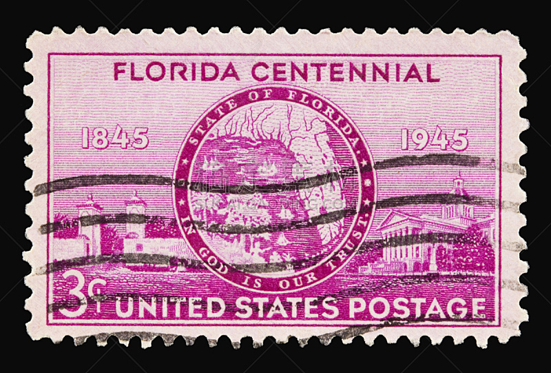 1945,佛罗里达,芝加哥百年喷泉,美国,水平画幅,无人,数字3,墨西哥湾沿岸国家,邮票,三个物体