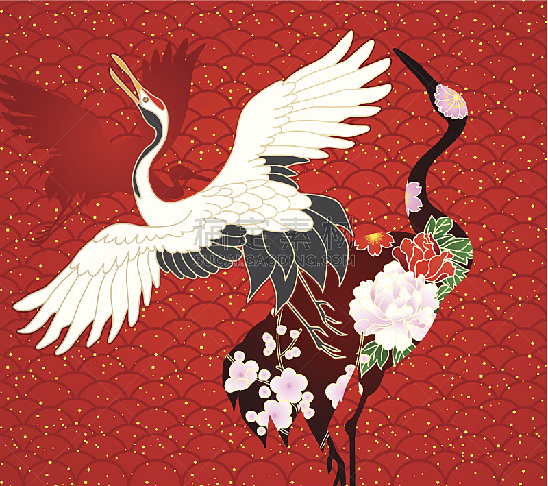 矢量,鹤,红色背景,亚洲,自然,秋天,图像,动物斑纹,翅膀,草