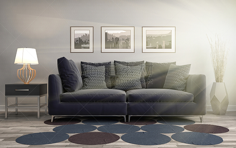 沙发,室内,三维图形,绘画插图,座位,水平画幅,无人,蓝色,装饰物,家具