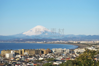 相模湾,富士山,海湾国家,江之岛,藤泽市,天空,水平画幅,雪,无人,日本